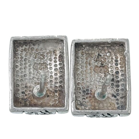 Vintage MD Sterling Silver 925 Rectangle Oxidized Scroll Design Pierced Earrings - Picture 3 of 6